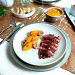 Roasted duck breast, butternut purée, chestnuts and red port wine sauce: The image is a representative of the step 7