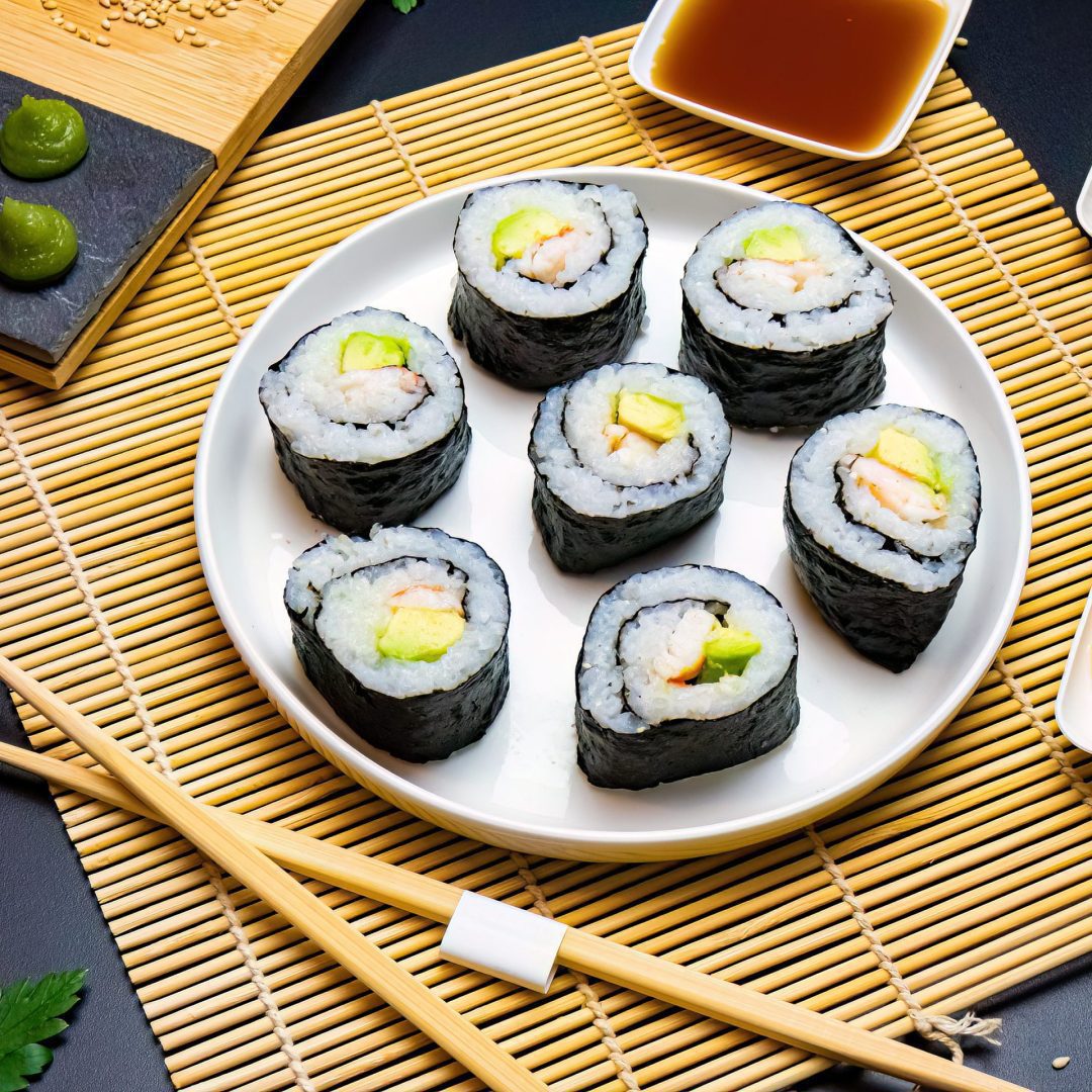 The photo represents the recipe: Avocado and shrimp maki sushi