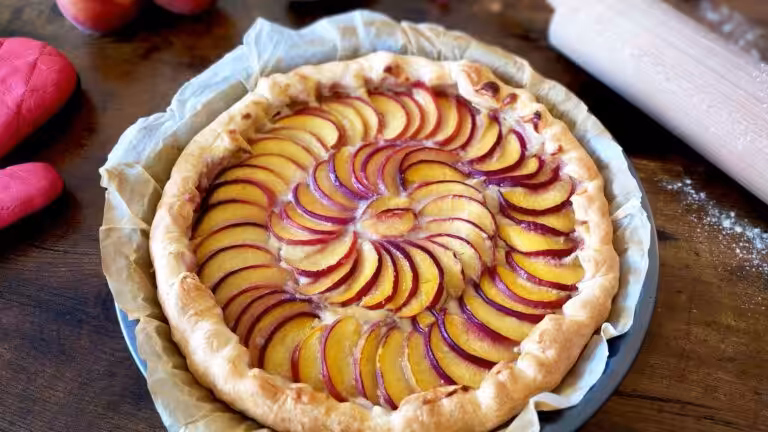 La photo représente la recette : Tarte aux pêches