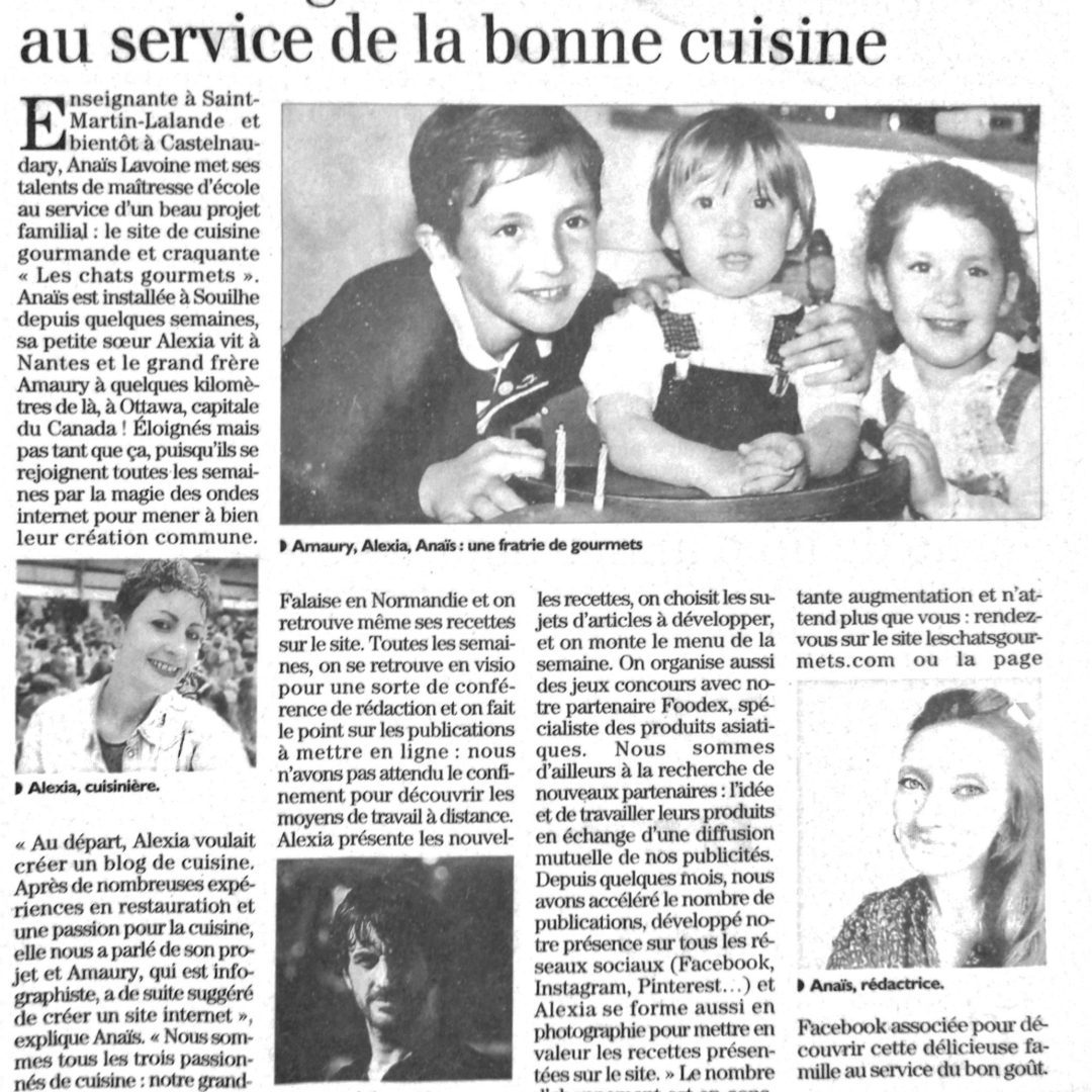 La photo représente l'article de lecture culinaire : Les Chats Gourmets dans La Dépêche Du Midi