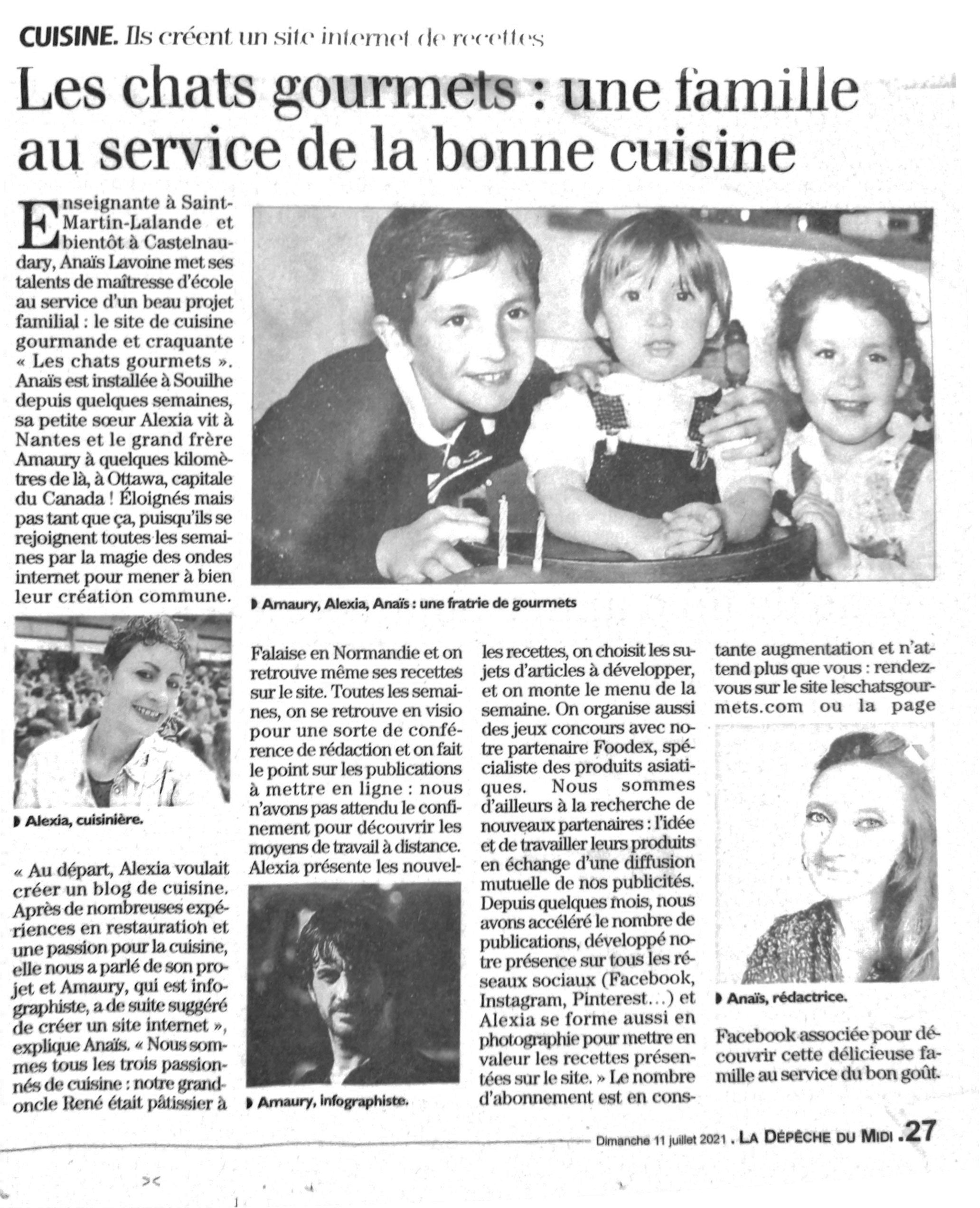 La photo représente l'article de lecture culinaire : Les Chats Gourmets dans La Dépêche Du Midi