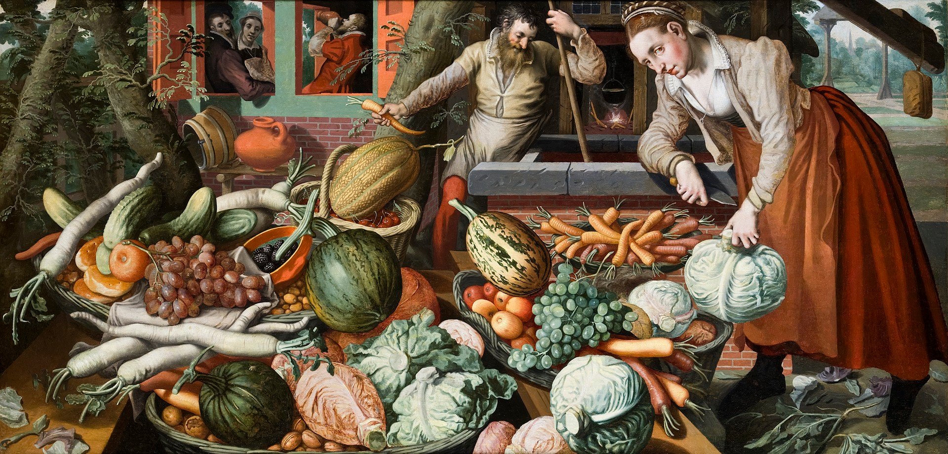 Peinture qui représente le commerce de fruits et légumes dont le chou au moyen âge.