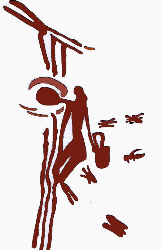 Peinture rupestre mésolithique représentant un chasseur de miel récoltant le miel et la cire d'un nid d'abeilles dans un arbre. À Cuevas de la Araña en Bicorp (datant d'environ 8000 à 6000 av. J.-C.)