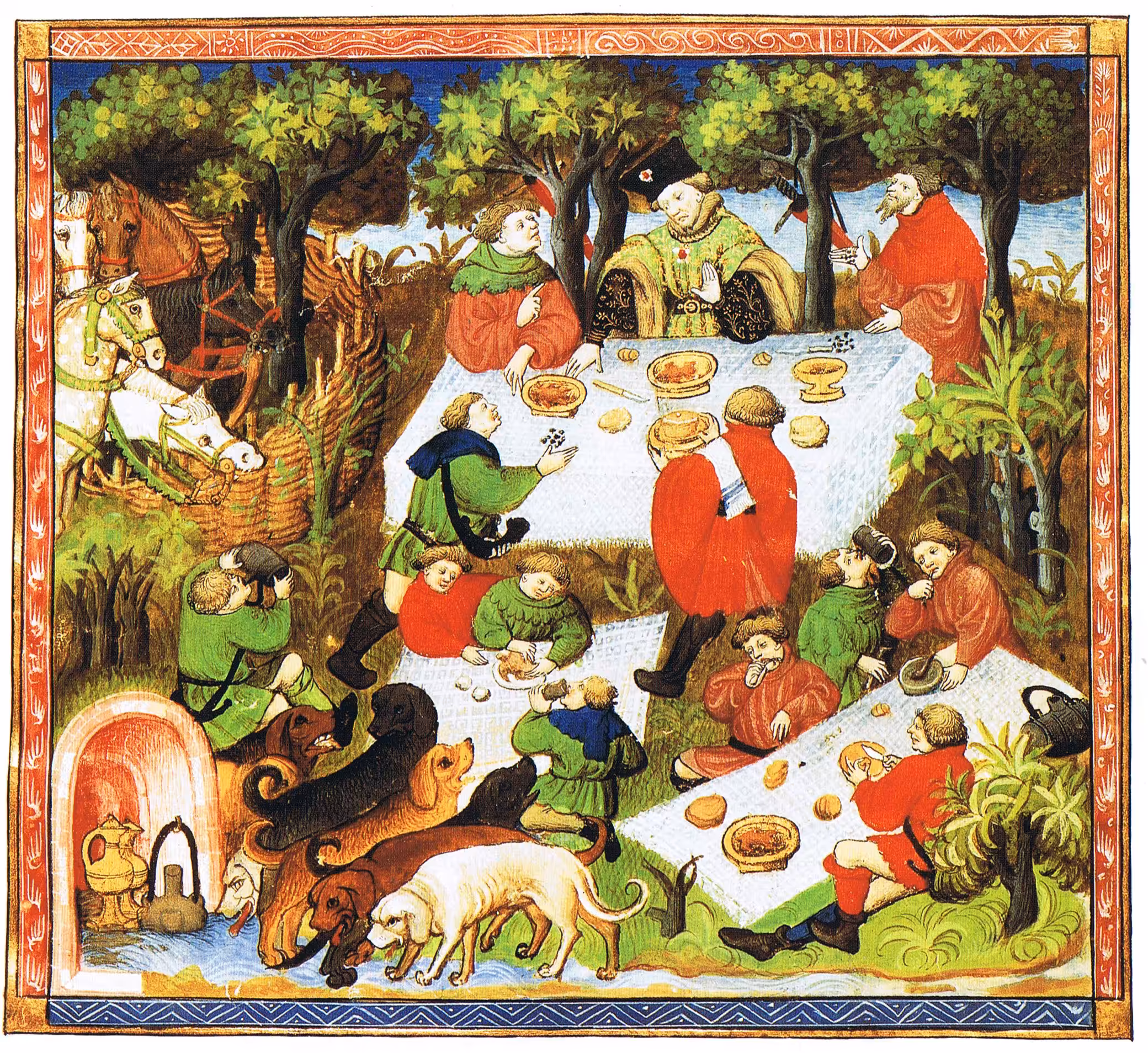 La photo représente un noble et son entourage en train de pique-niquer. 
 Illustration tirée d'une édition française du "Livre de chasse de Gaston Phébus", XVe siècle.
