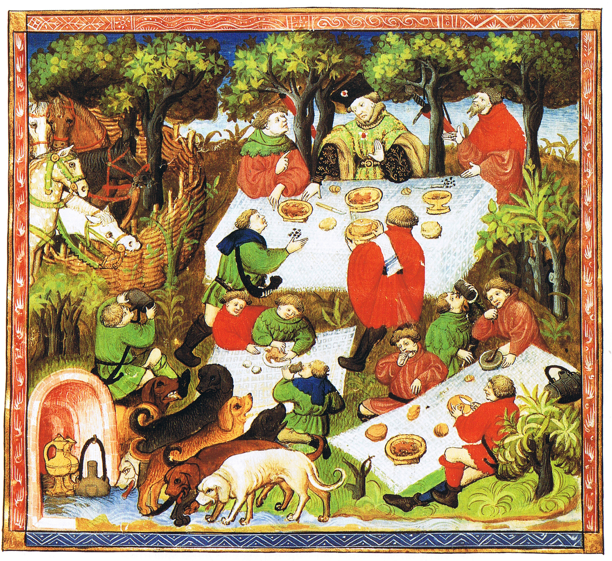 La photo représente un noble et son entourage en train de pique-niquer. 
 Illustration tirée d'une édition française du "Livre de chasse de Gaston Phébus", XVe siècle.