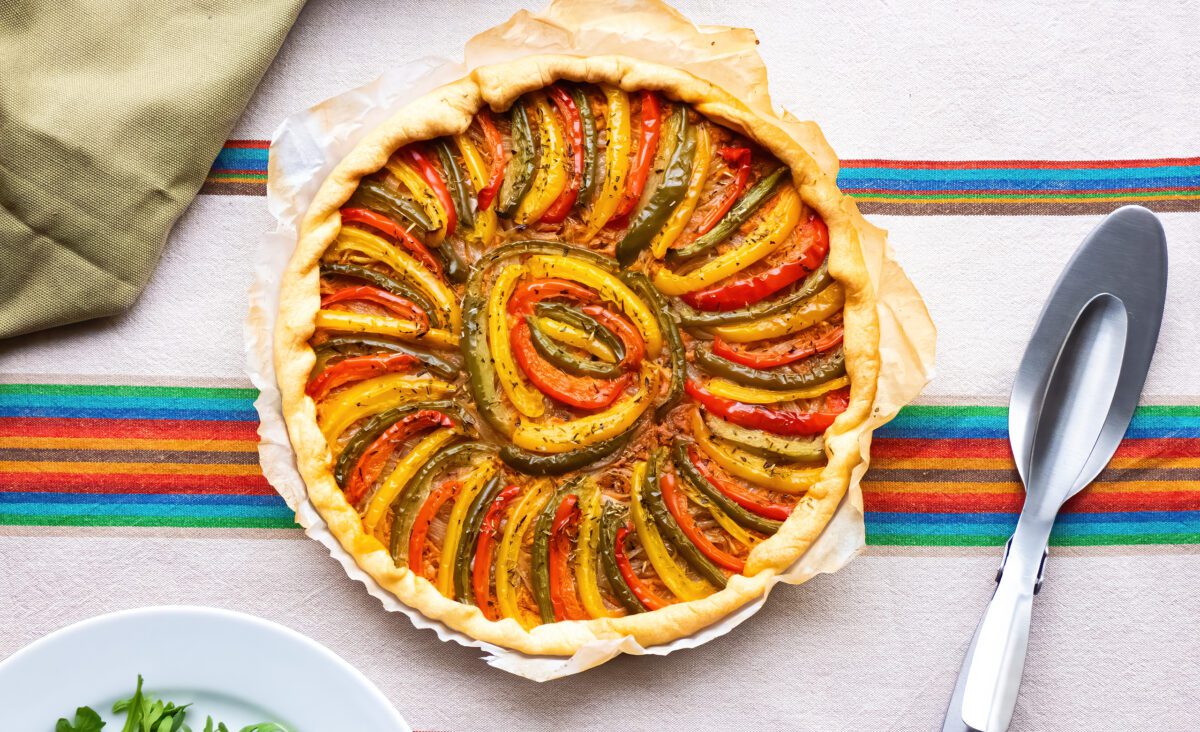 Three Bell Pepper Tart with Red Pesto