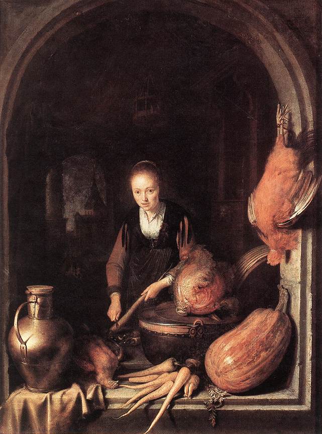 L'Épluchage des carottes, huile sur toile de Gerrit Dou (1660) : un exemple de nature morte montrant des carottes orange