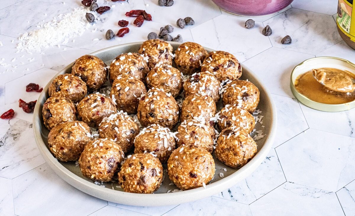 No-bake almond butter and dark chocolate energy balls