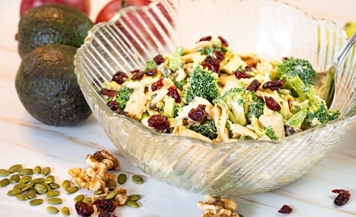 Crunchy broccoli, apple, avocado, and bacon salad: Creamy maple-lemon dressing