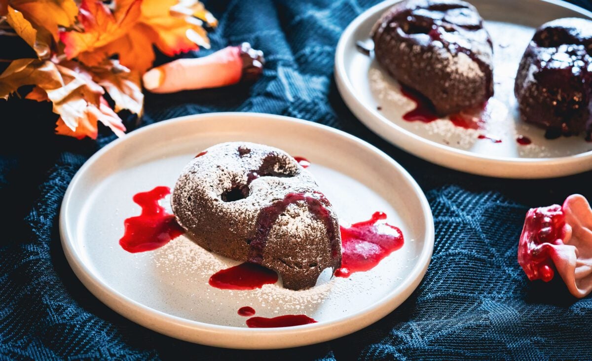 Skull-shaped chocolate cake with molten raspberry center for Halloween