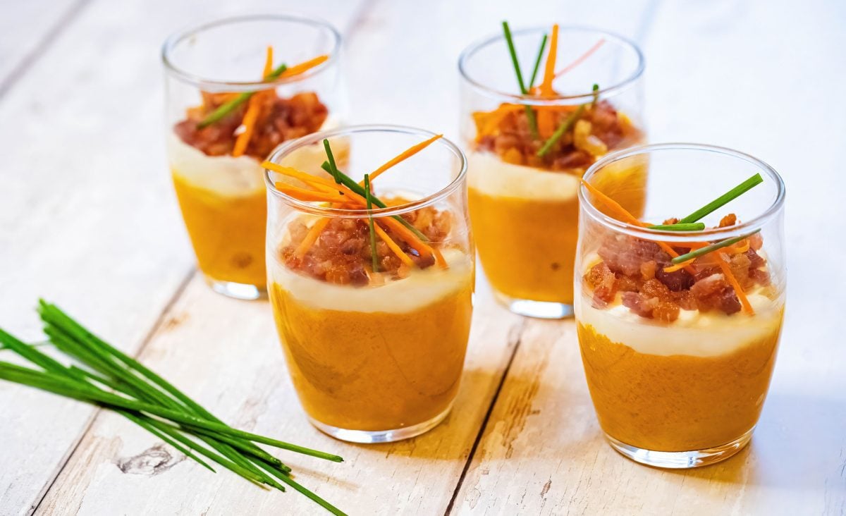 Tender Carrot Verrines with Cream Cheese Mousse and Crispy Lardons (Bacon)