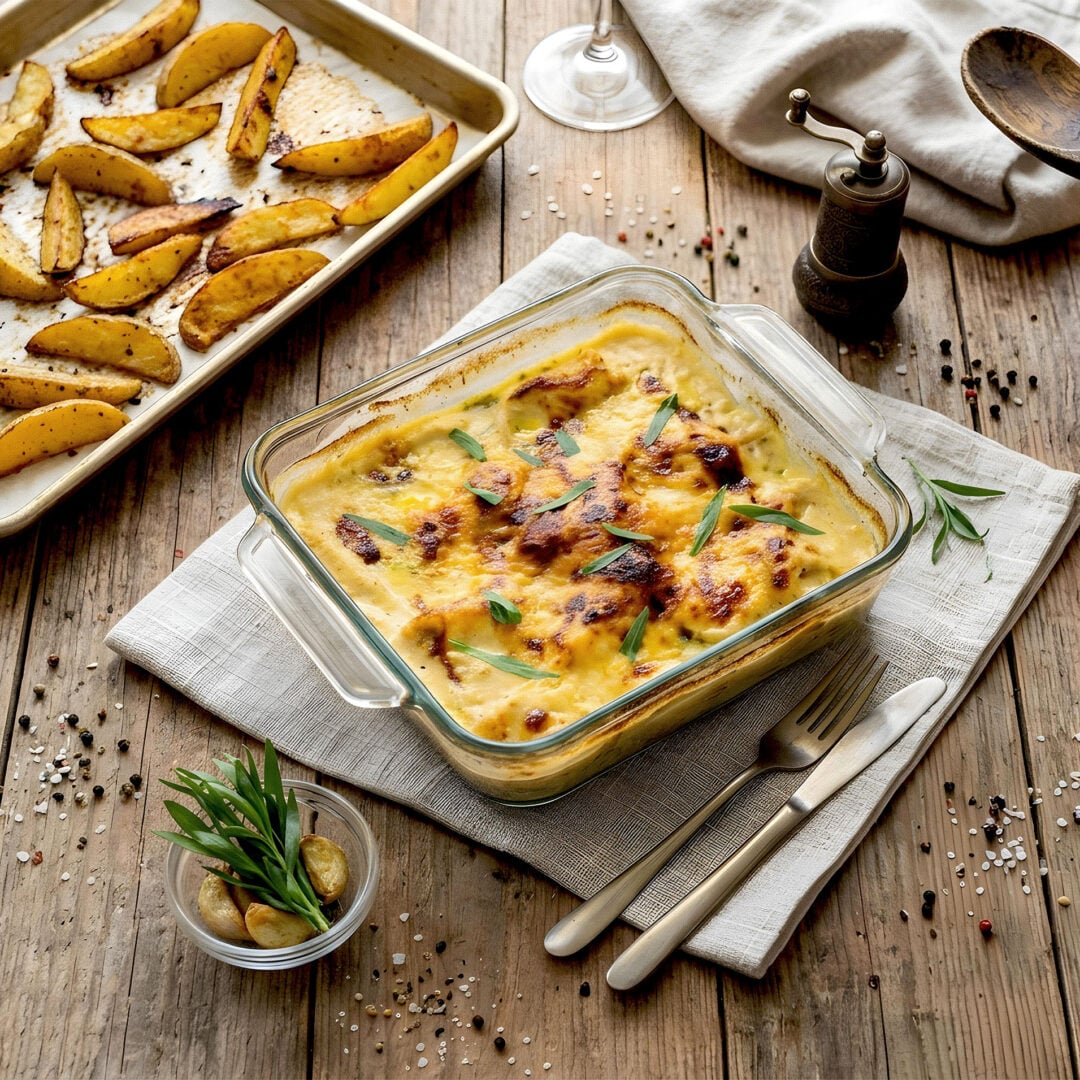 La photo représente la recette : Aiguillettes de poulet à la crème, moutarde, miel et estragon, fondantes au four