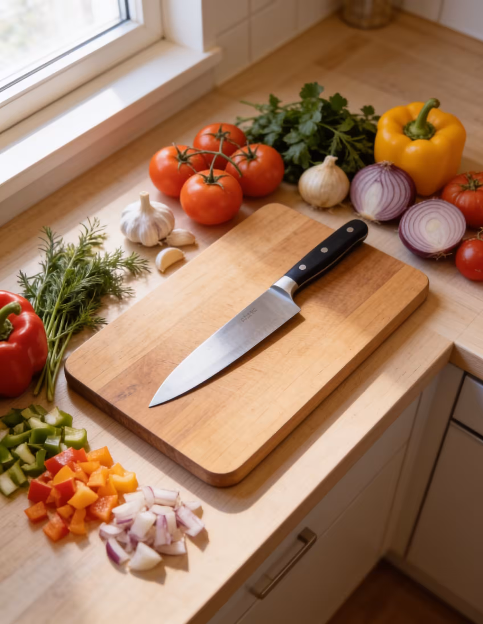 bases de la cuisine : couteau de chef, planche à découper et légumes frais sur un plan de travail