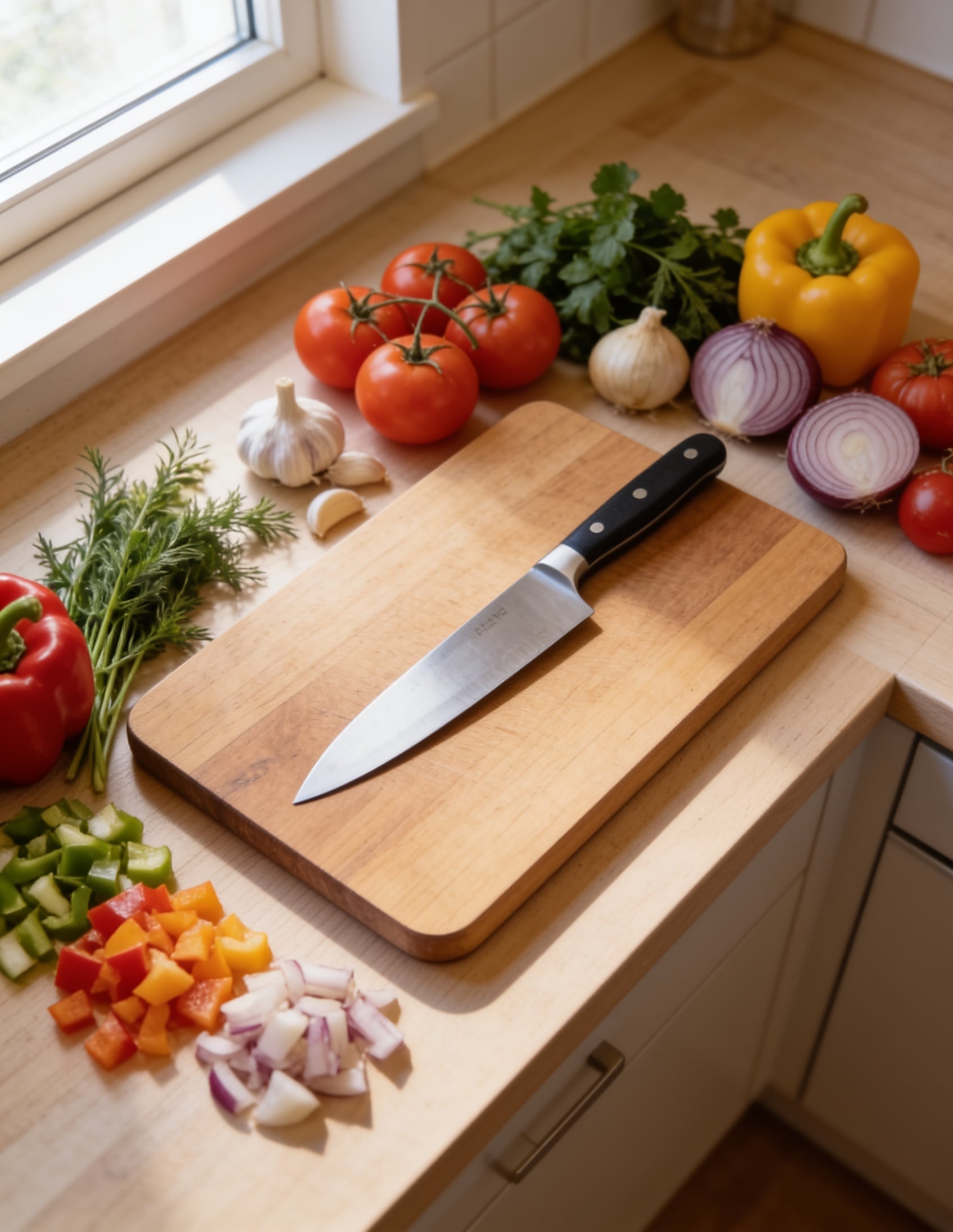 bases de la cuisine : couteau de chef, planche à découper et légumes frais sur un plan de travail